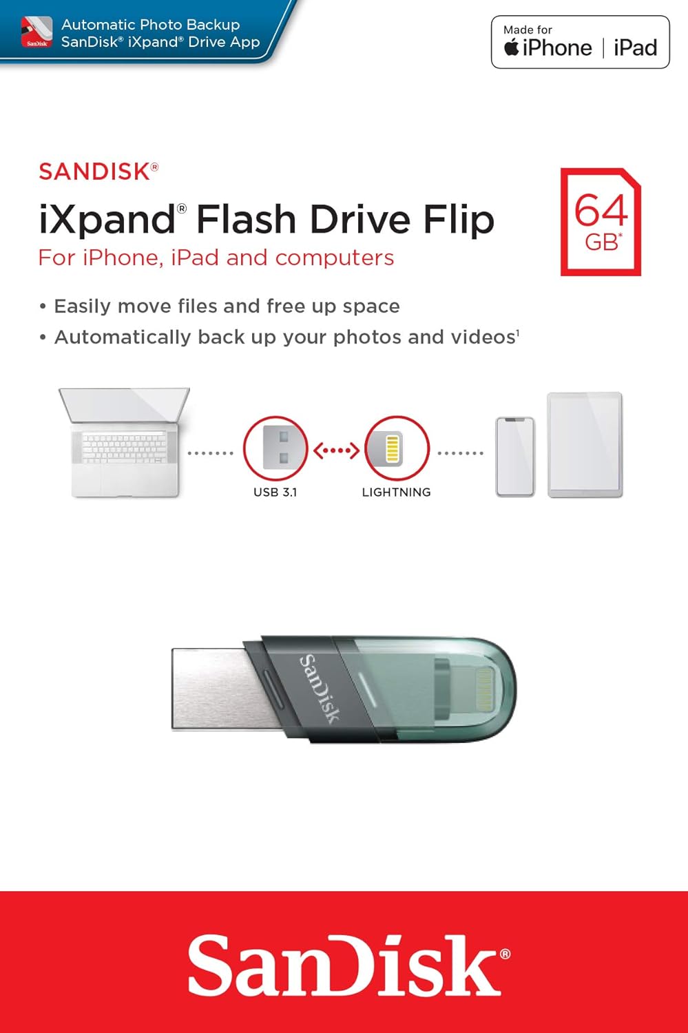 Externer Speicher USB-A 3.1 / Lightning SanDisk iXpand Flip, 64Gb SDIX90N-064G-GN6NN