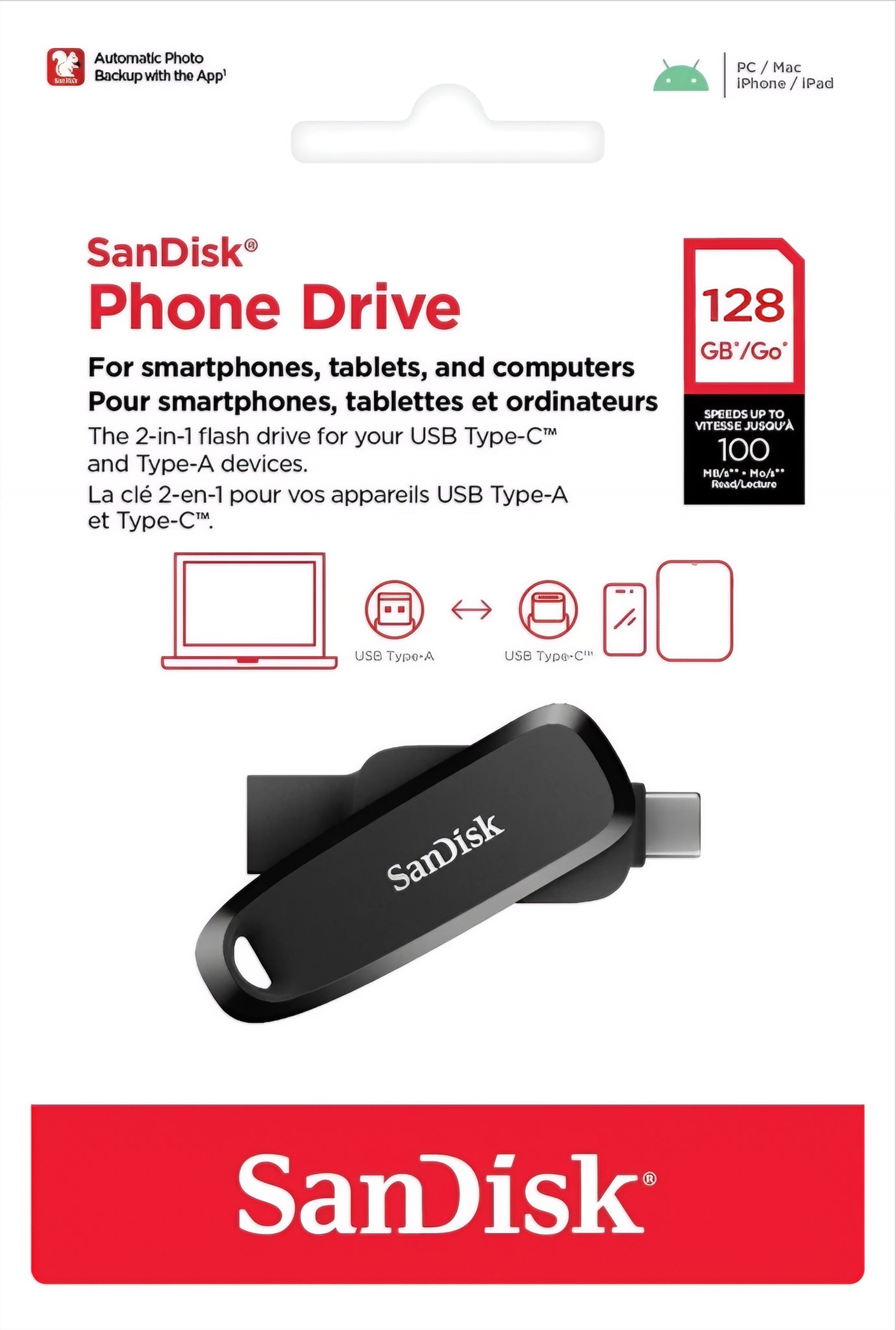 Externer Speicher USB-A 3.2 / USB-C SanDisk Phone Drive, 128Gb SDDDC6-128G-G46