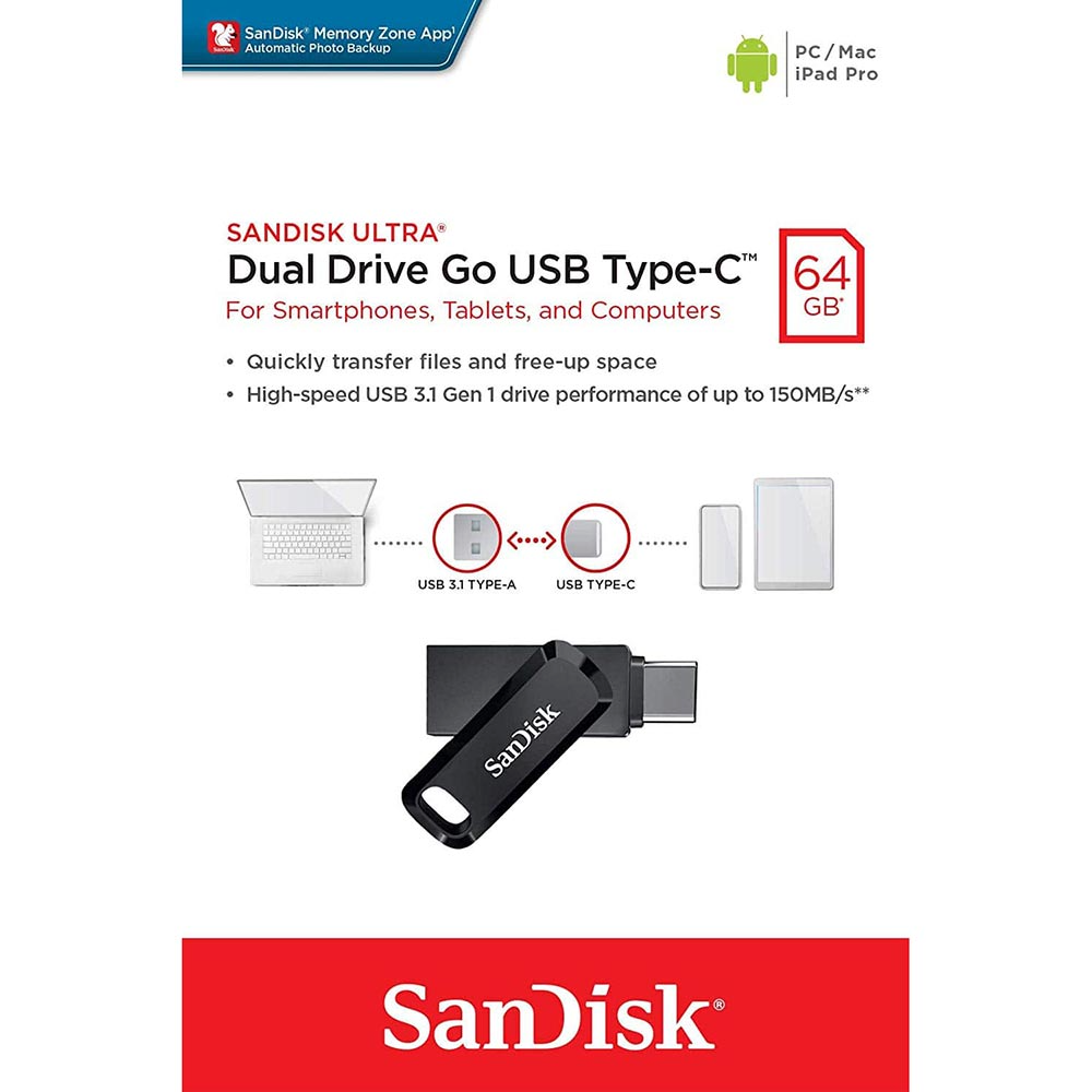 Externer Speicher USB-A 3.2 / USB-C SanDisk Ultra Dual Go, 64Gb SDDDC3-064G-G46