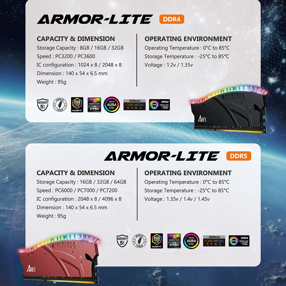 Dato Ares Armor Lite RAM-Speicher, DDR4, RGB, 8GB, 3200Mhz, CL16, Rot ARB8G4R32