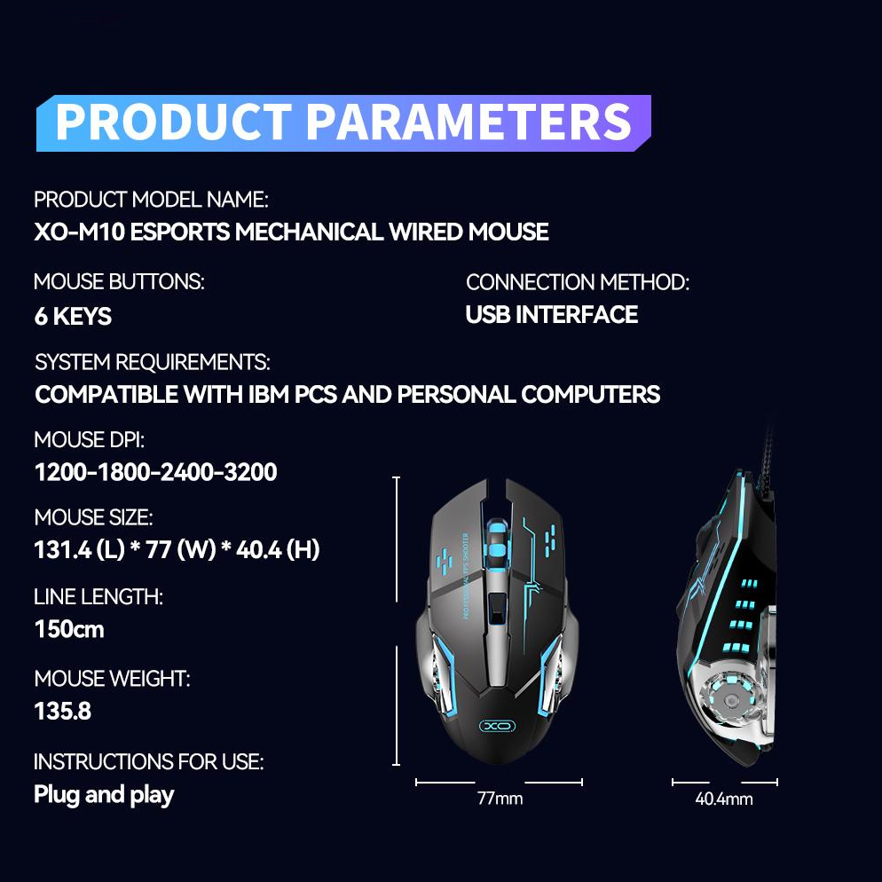 Gaming-Maus Wired USB XO Design M10, RGB, 3200DPI, Schwarz