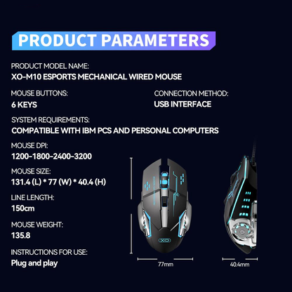 Gaming-Maus Wired USB XO Design M10, RGB, 3200DPI, Schwarz