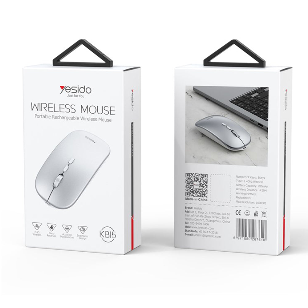 Wireless-Maus Yesido KB15, 800DPI - 1600DPI, Silber