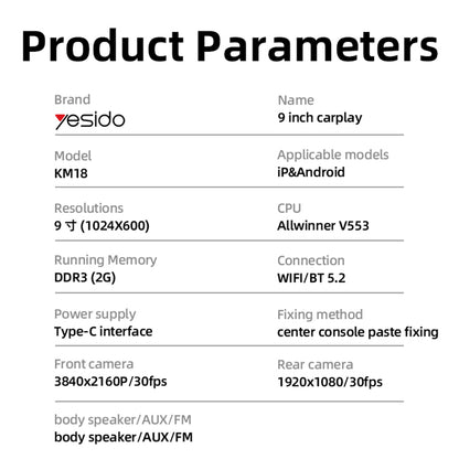 Auto-Navigation Yesido KM18, Wi-Fi, 9 Zoll