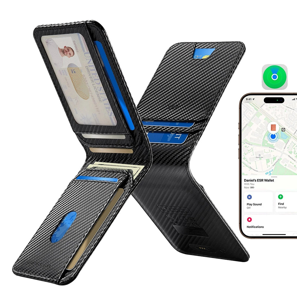 ESR Classic Geo Carbon Geldbörse mit Find My Funktion und RFID-Schutz, Schwarz