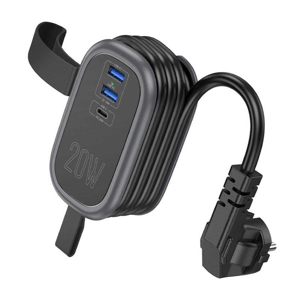 HOCO NS7 Verlängerungskabel, 1 x Schuko – 1 x USB-C – 2 x USB-A, Schwarz