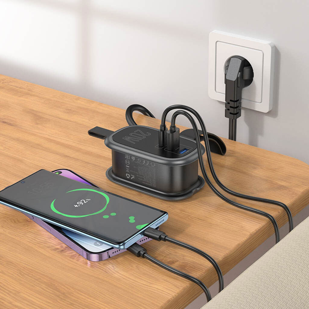 HOCO NS7 Verlängerungskabel, 1 x Schuko – 1 x USB-C – 2 x USB-A, Schwarz