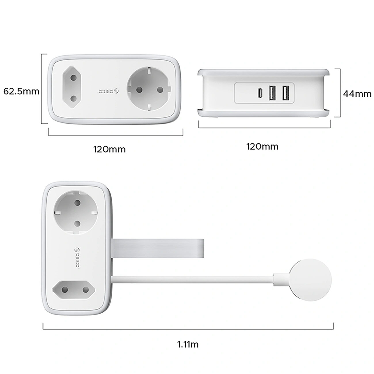 Orico APP Verlängerungskabel, 2 x Schuko - 2 x USB-A - 1 x USB-C, Weiß Grau