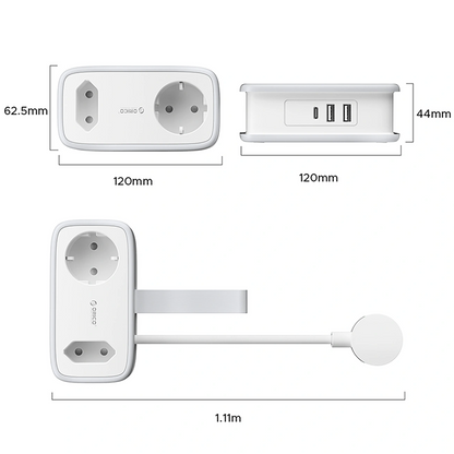 Orico APP Verlängerungskabel, 2 x Schuko - 2 x USB-A - 1 x USB-C, Weiß Grau