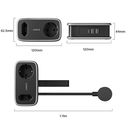 Orico APP Verlängerungskabel, 2 x Schuko - 2 x USB-A - 1 x USB-C, Schwarz Grau