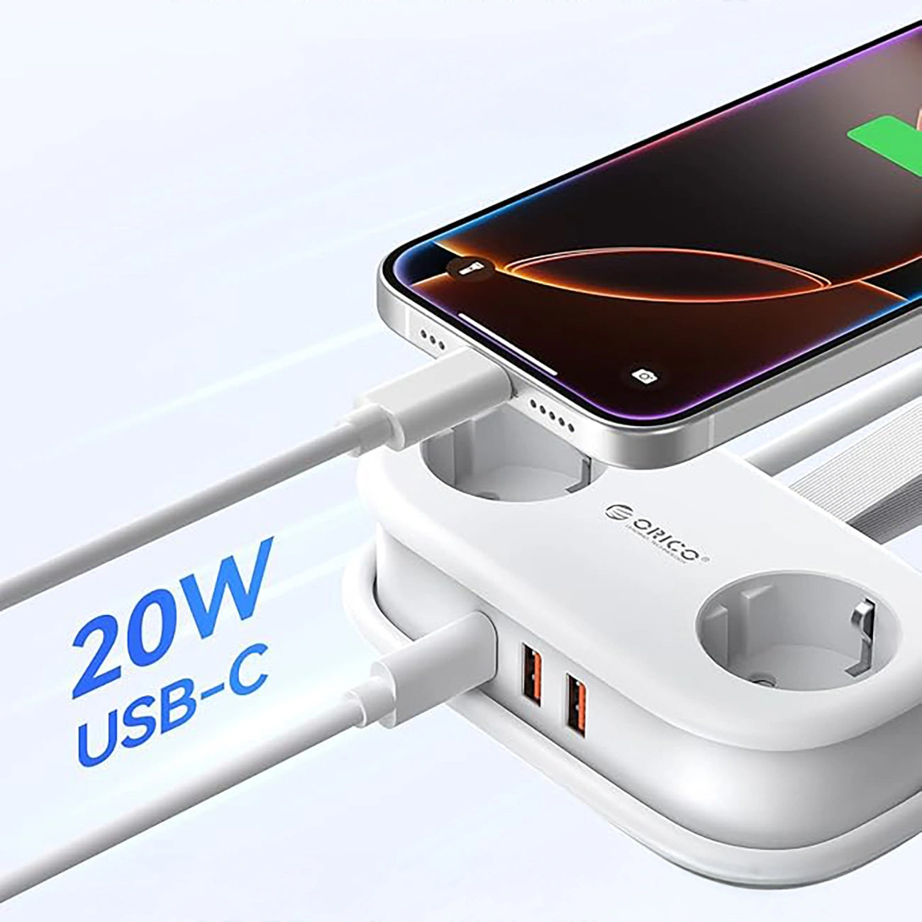 Orico Verlängerungskabel APP, 2 x Schuko - 2 x USB-A - 1 x USB-C, Weiß