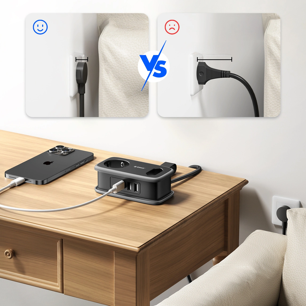 Orico APP Verlängerungskabel, 2 x Schuko - 2 x USB-A - 1 x USB-C, Schwarz Grau