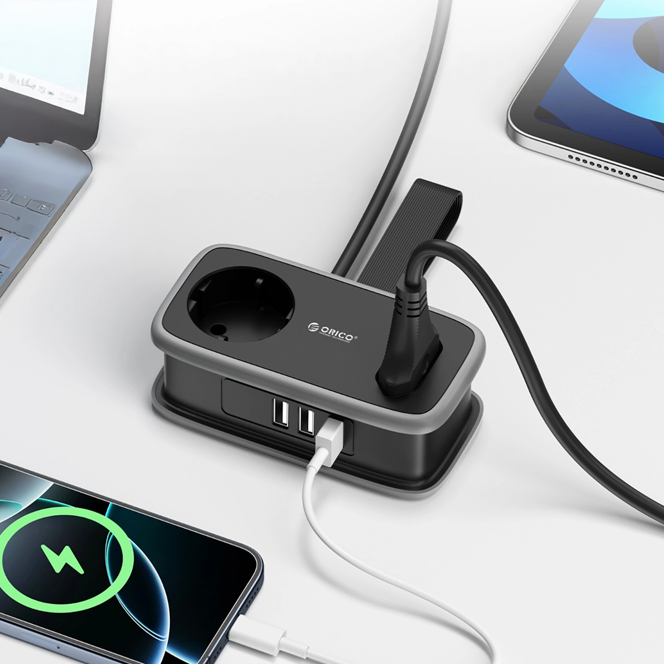 Orico APP Verlängerungskabel, 2 x Schuko - 2 x USB-A - 1 x USB-C, Schwarz Grau