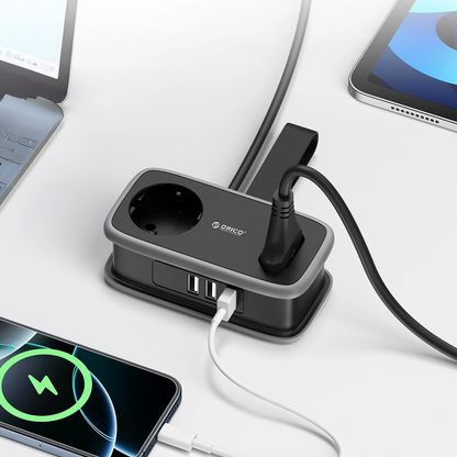 Orico APP Verlängerungskabel, 2 x Schuko - 2 x USB-A - 1 x USB-C, Schwarz Grau