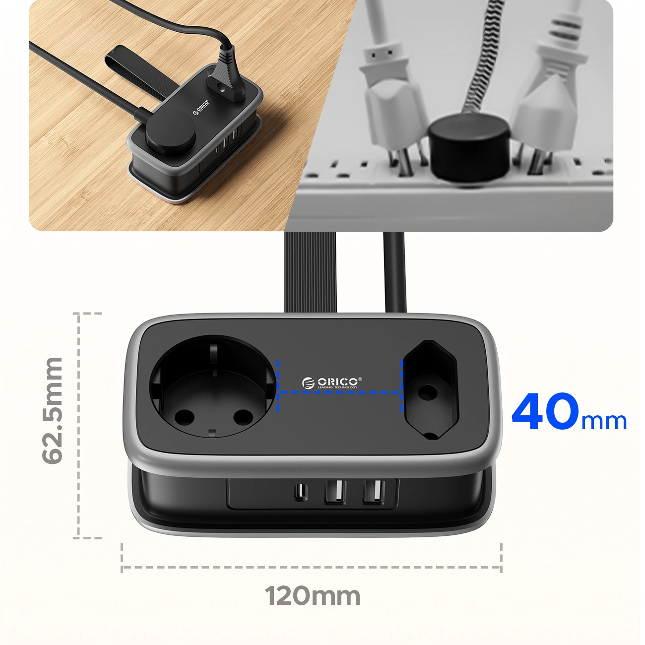 Orico APP Verlängerungskabel, 2 x Schuko - 2 x USB-A - 1 x USB-C, Schwarz Grau