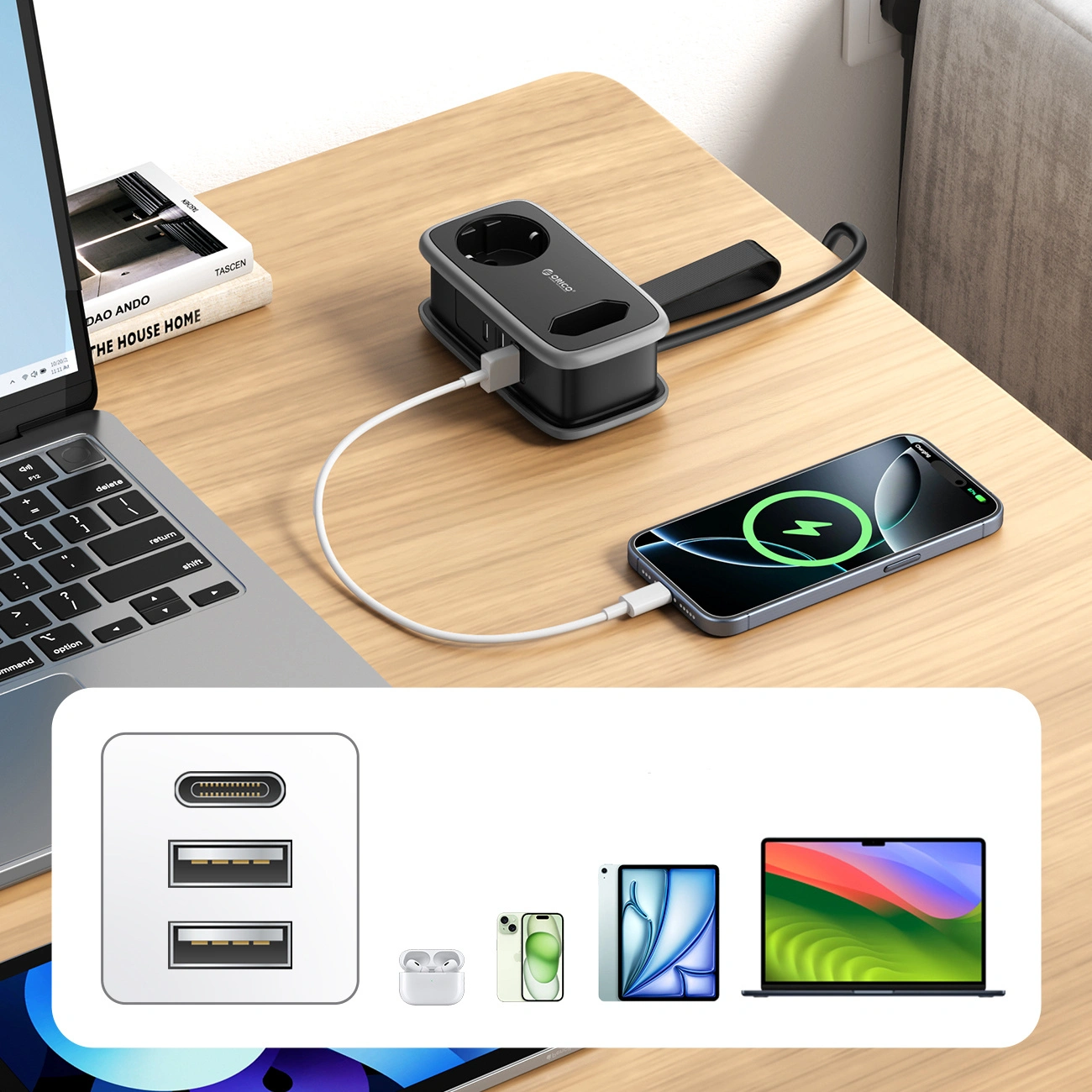 Orico APP Verlängerungskabel, 2 x Schuko - 2 x USB-A - 1 x USB-C, Schwarz Grau