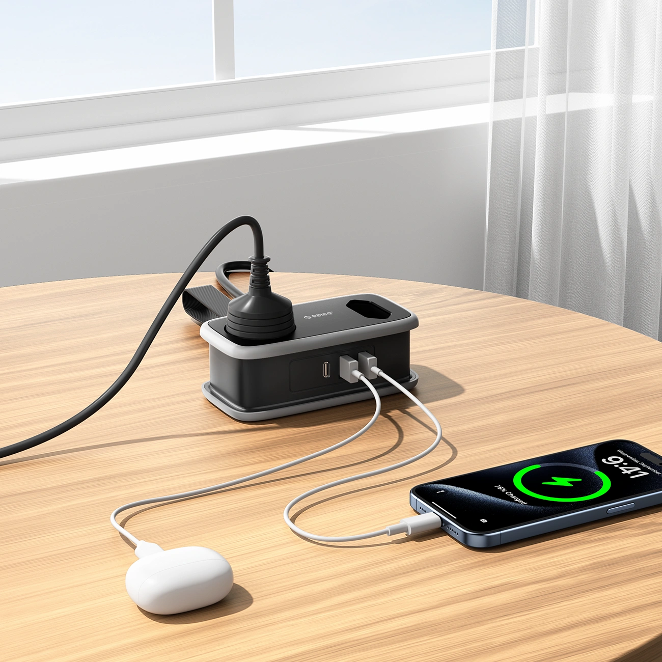 Orico APP Verlängerungskabel, 2 x Schuko - 2 x USB-A - 1 x USB-C, Schwarz Grau