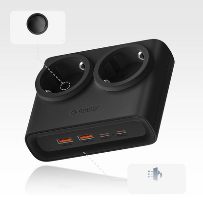 Orico-Verlängerungskabel PDC25, 2 x Schuko - 2 x USB-A - 2 x USB-C, Schwarz