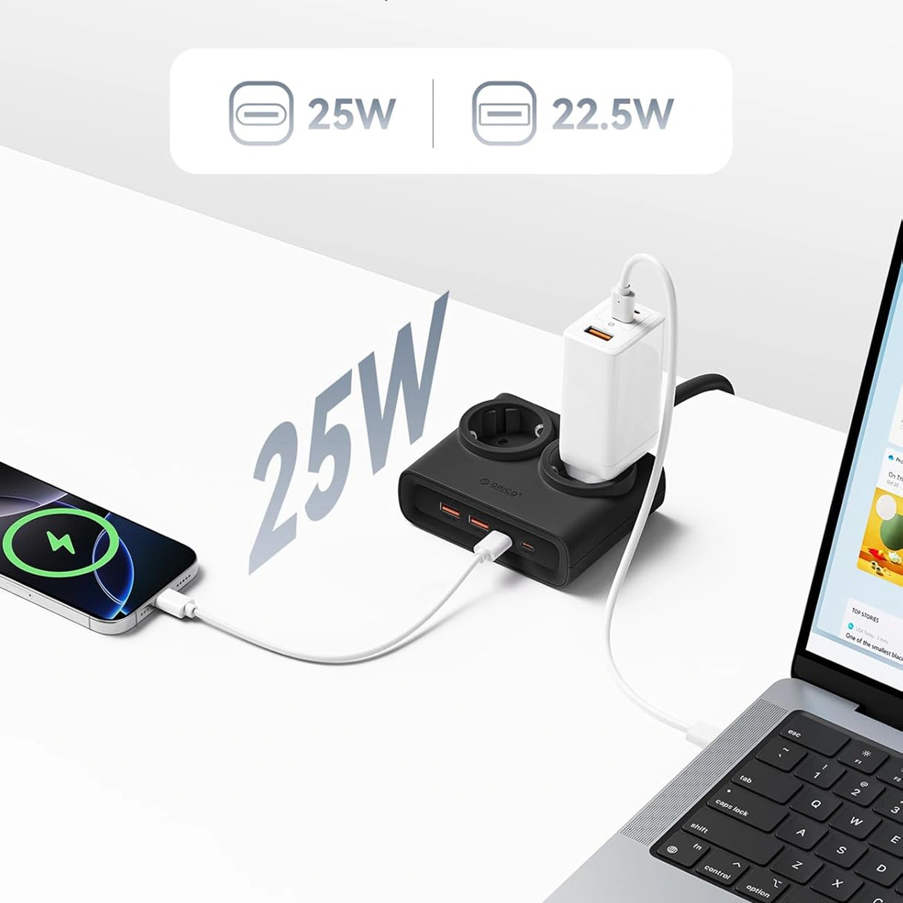 Orico-Verlängerungskabel PDC25, 2 x Schuko - 2 x USB-A - 2 x USB-C, Schwarz