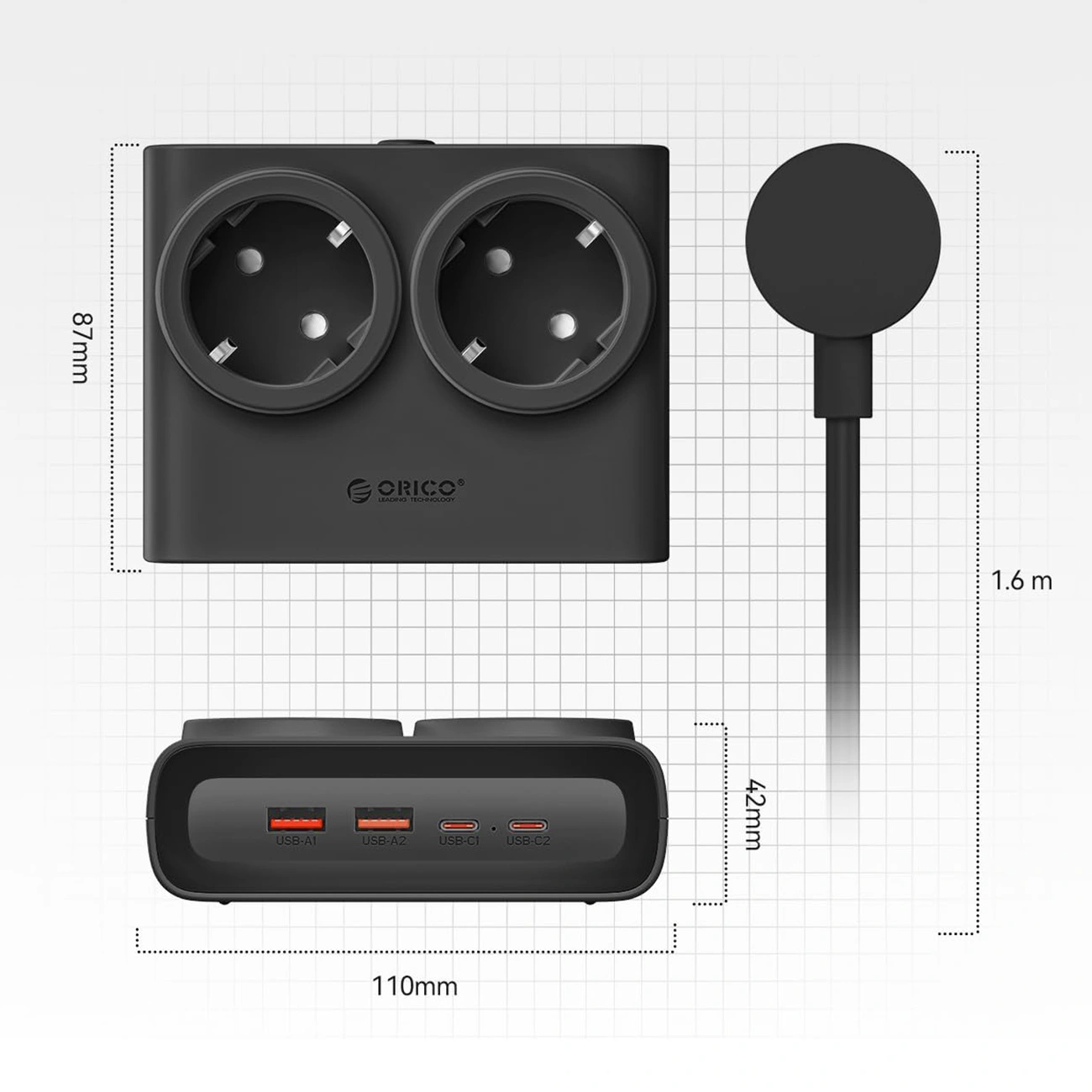 Orico-Verlängerungskabel PDC25, 2 x Schuko - 2 x USB-A - 2 x USB-C, Schwarz