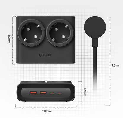 Orico-Verlängerungskabel PDC25, 2 x Schuko - 2 x USB-A - 2 x USB-C, Schwarz