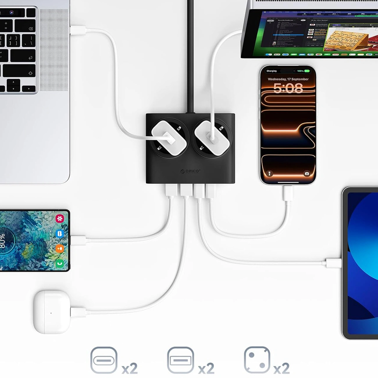 Orico-Verlängerungskabel PDC25, 2 x Schuko - 2 x USB-A - 2 x USB-C, Schwarz