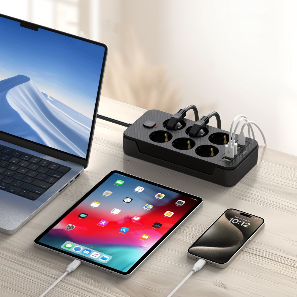 Tech-Protect PC6X6 Verlängerungskabel, 6 x Schuko – 3 x USB-A – 3 x USB-C, Schwarz