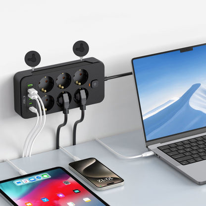 Tech-Protect PC6X6 Verlängerungskabel, 6 x Schuko – 3 x USB-A – 3 x USB-C, Schwarz