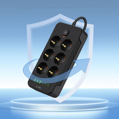 Tech-Protect PC6X6 Verlängerungskabel, 6 x Schuko – 3 x USB-A – 3 x USB-C, Schwarz