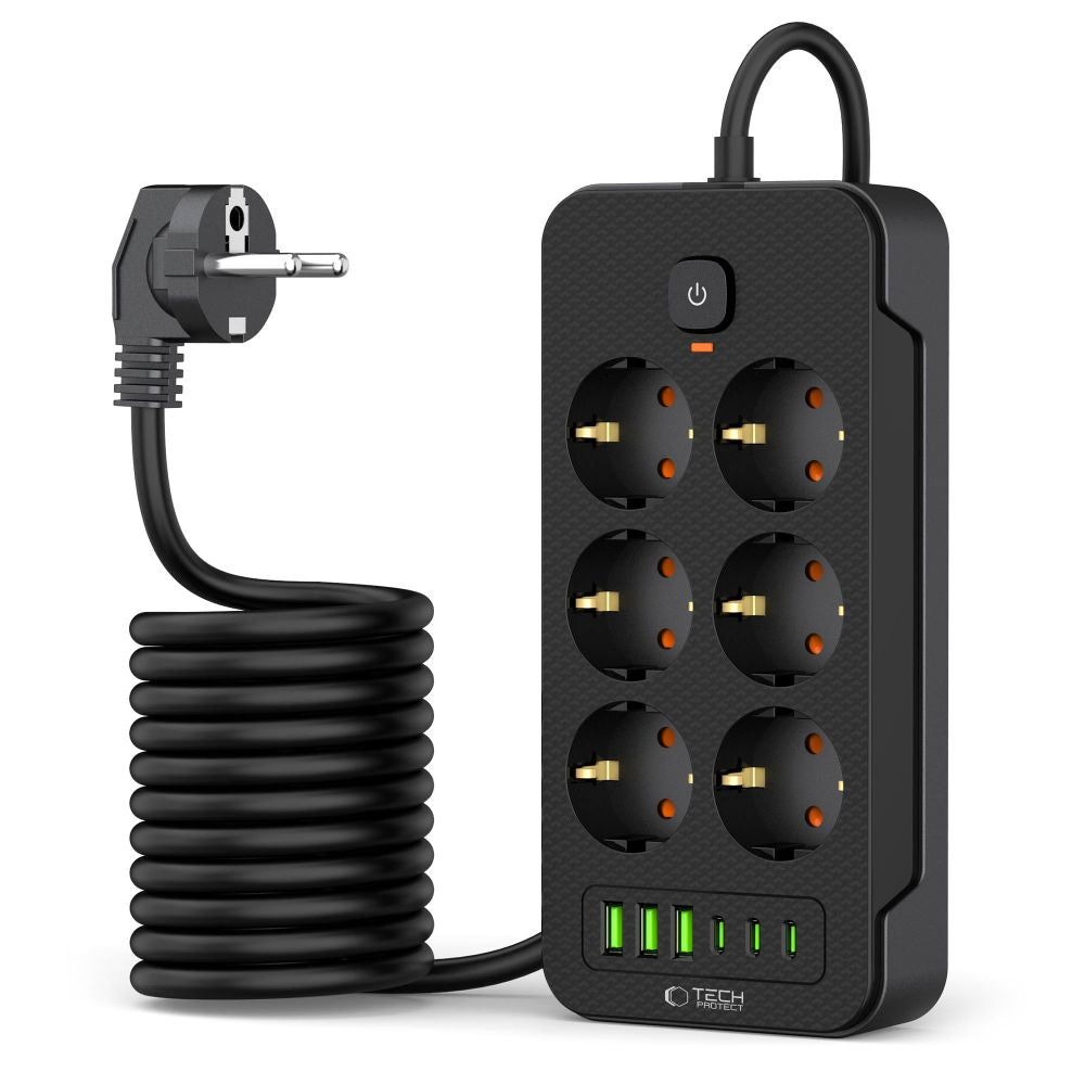 Tech-Protect PC6X6 Verlängerungskabel, 6 x Schuko – 3 x USB-A – 3 x USB-C, Schwarz