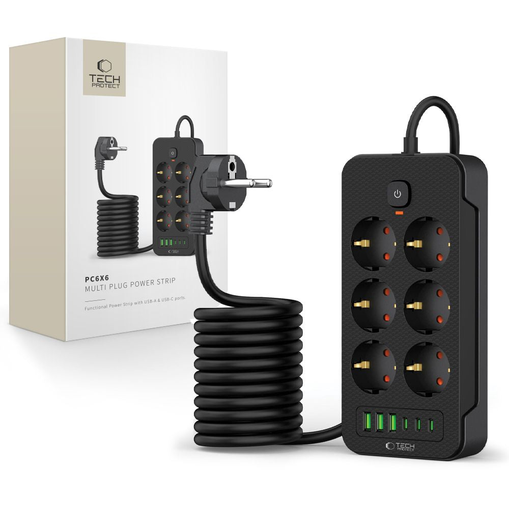 Tech-Protect PC6X6 Verlängerungskabel, 6 x Schuko – 3 x USB-A – 3 x USB-C, Schwarz