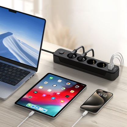 Tech-Protect PCL4X3 Verlängerungskabel, 1 x USB-C – 2 x USB-A – 4 x Schuko, Schwarz