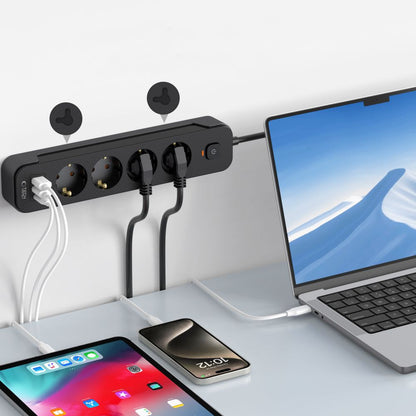 Tech-Protect PCL4X3 Verlängerungskabel, 1 x USB-C – 2 x USB-A – 4 x Schuko, Schwarz