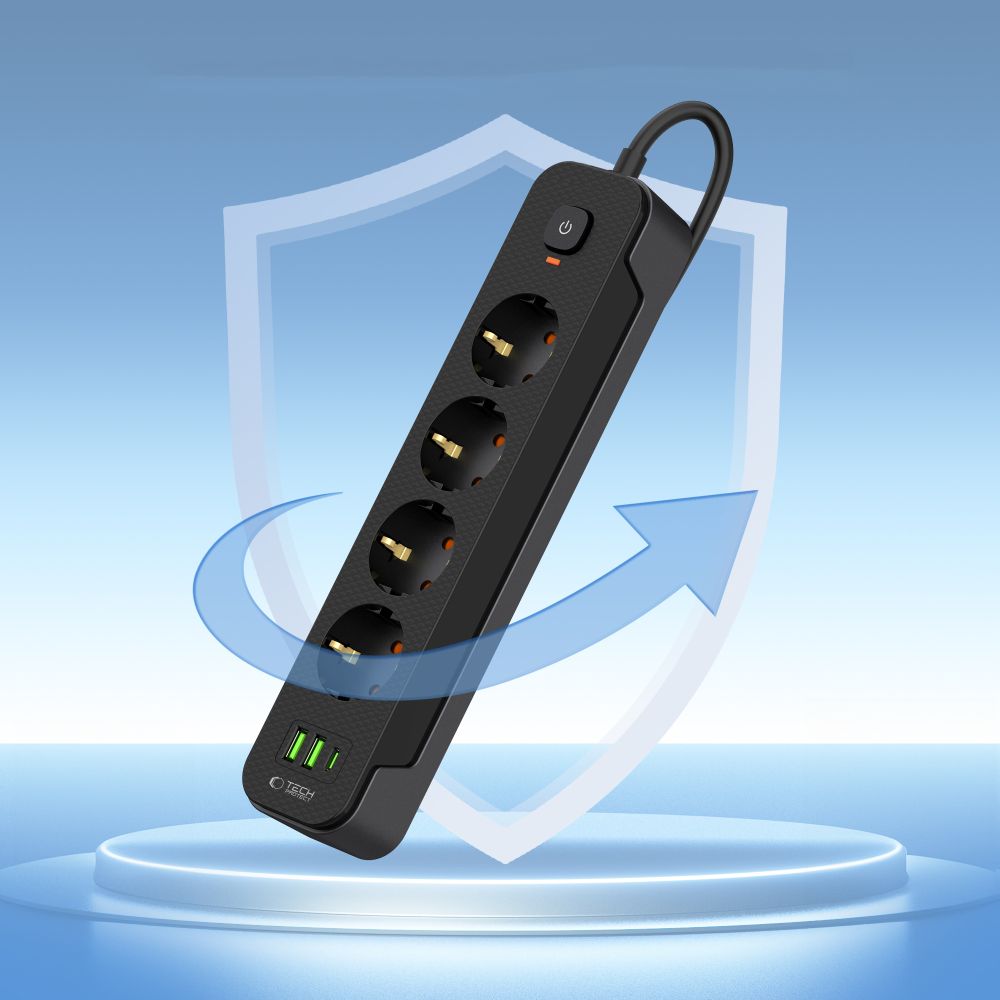 Tech-Protect PCL4X3 Verlängerungskabel, 1 x USB-C – 2 x USB-A – 4 x Schuko, Schwarz