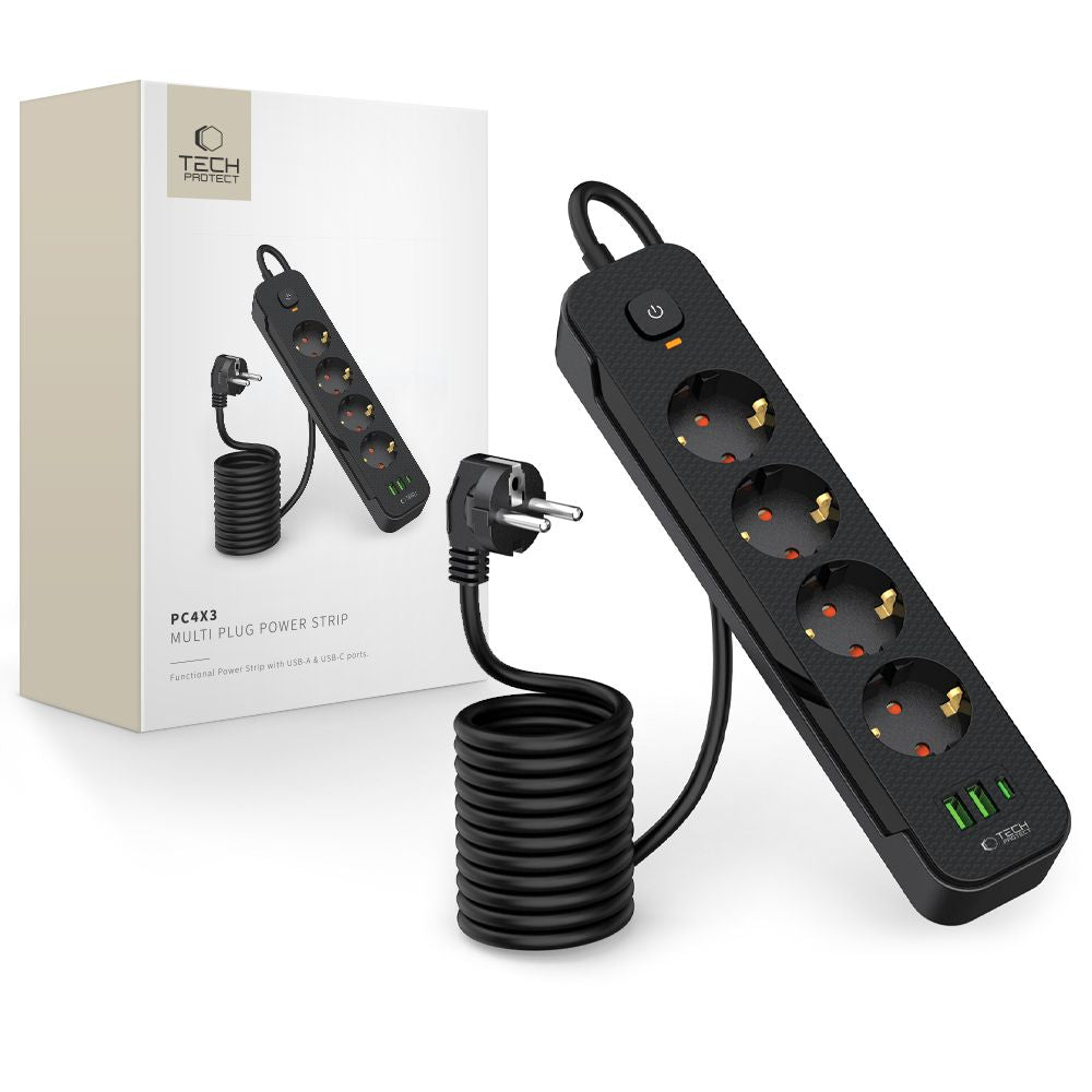 Tech-Protect PCL4X3 Verlängerungskabel, 1 x USB-C – 2 x USB-A – 4 x Schuko, Schwarz