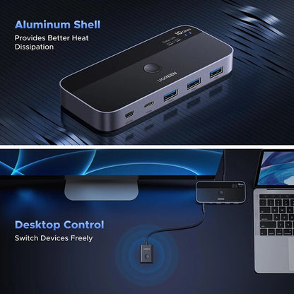 USB-Switch UGREEN CM691 (45784), 3 x USB-A 3.2 - 1 x USB-C - 1 x miniUSB, Schwarz
