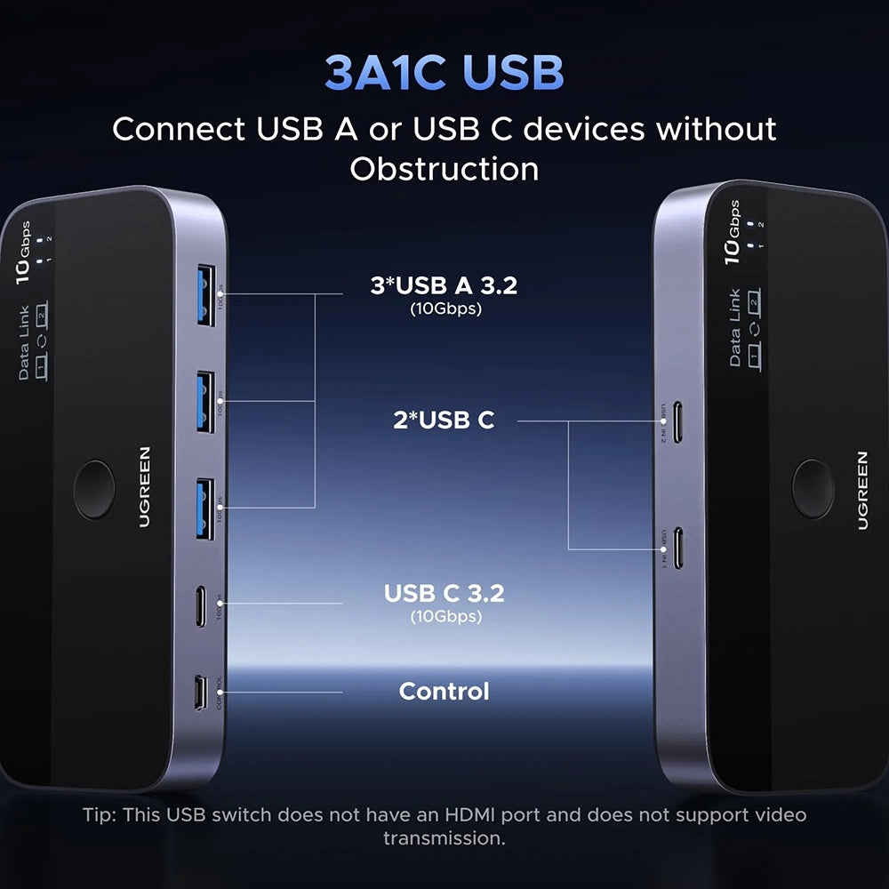 USB-Switch UGREEN CM691 (45784), 3 x USB-A 3.2 - 1 x USB-C - 1 x miniUSB, Schwarz