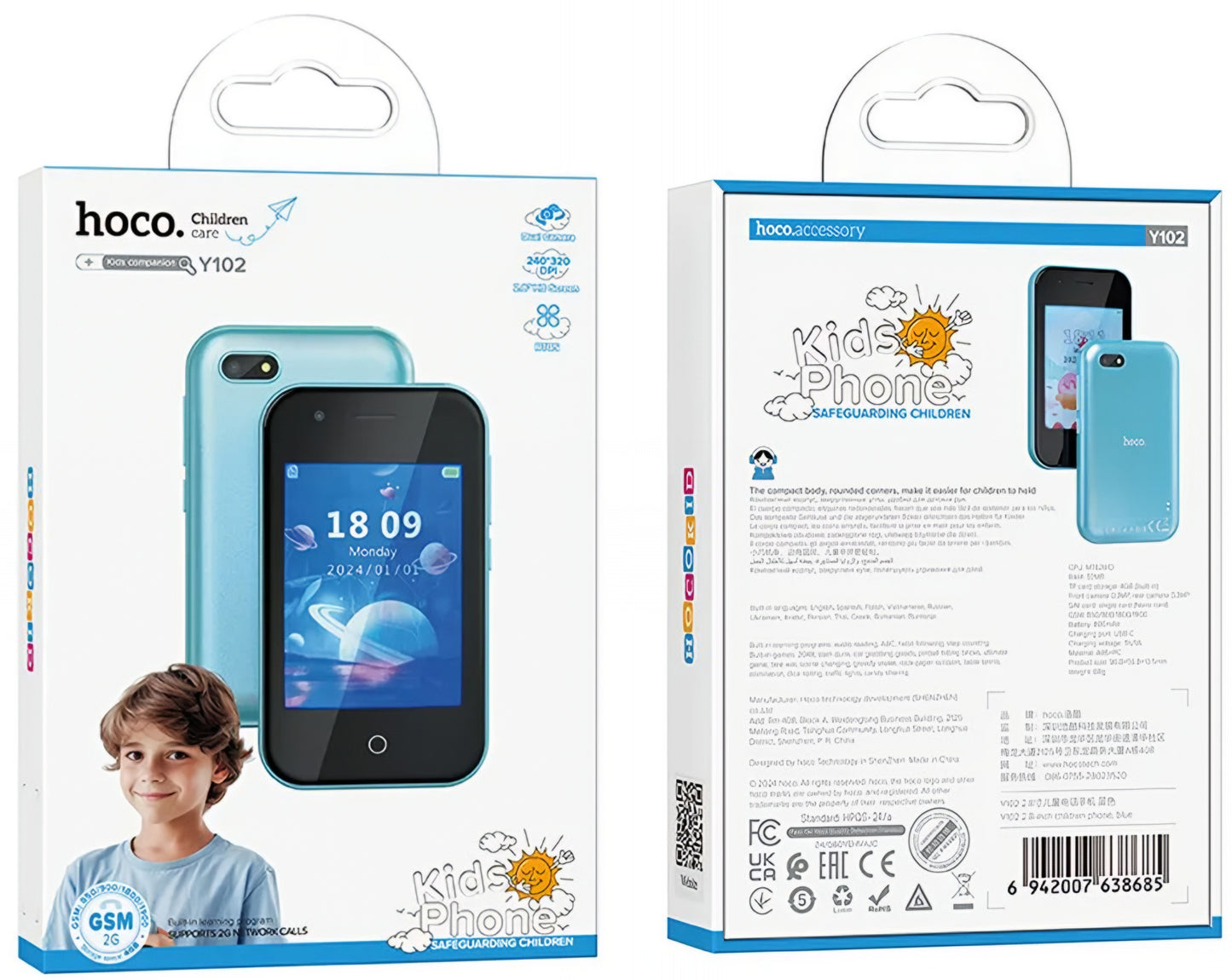 Mobiltelefon HOCO Y102 Kids, 2G, Display 2,8 Zoll, Blau