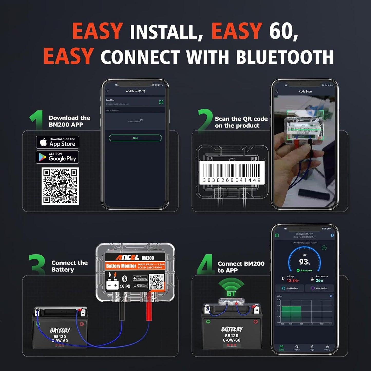 Bluetooth-Tester zur Überwachung der Autobatterie Ancel BM200